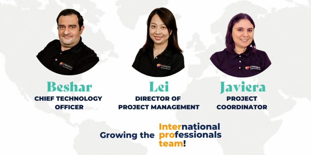 White background, light gray globe and three employee headshots. Text says "Beshar, Lei, Javiera: Growing the International Professional Team