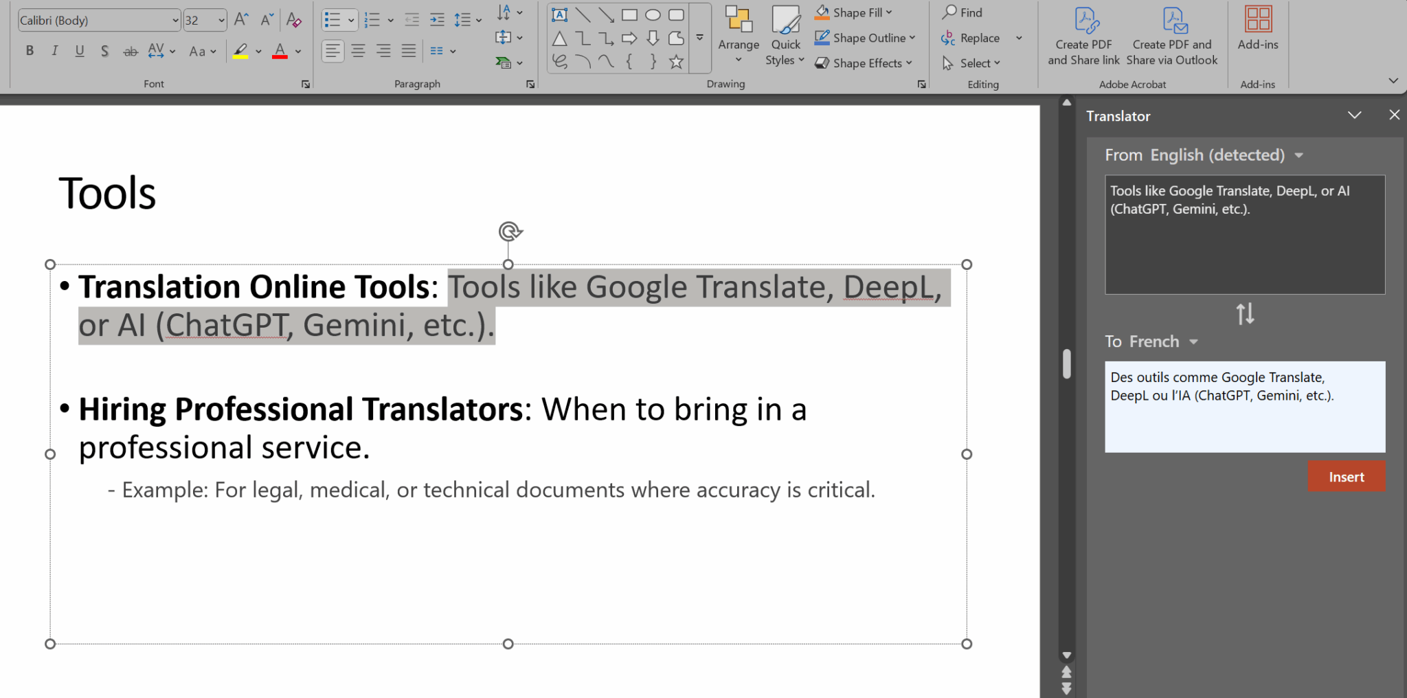 Powerpoint Translation Example of Using Microsoft's In-PowerPoint Translation as a Feature Screenshot showing Microsoft PowerPoint’s translation pane translating slide content into French