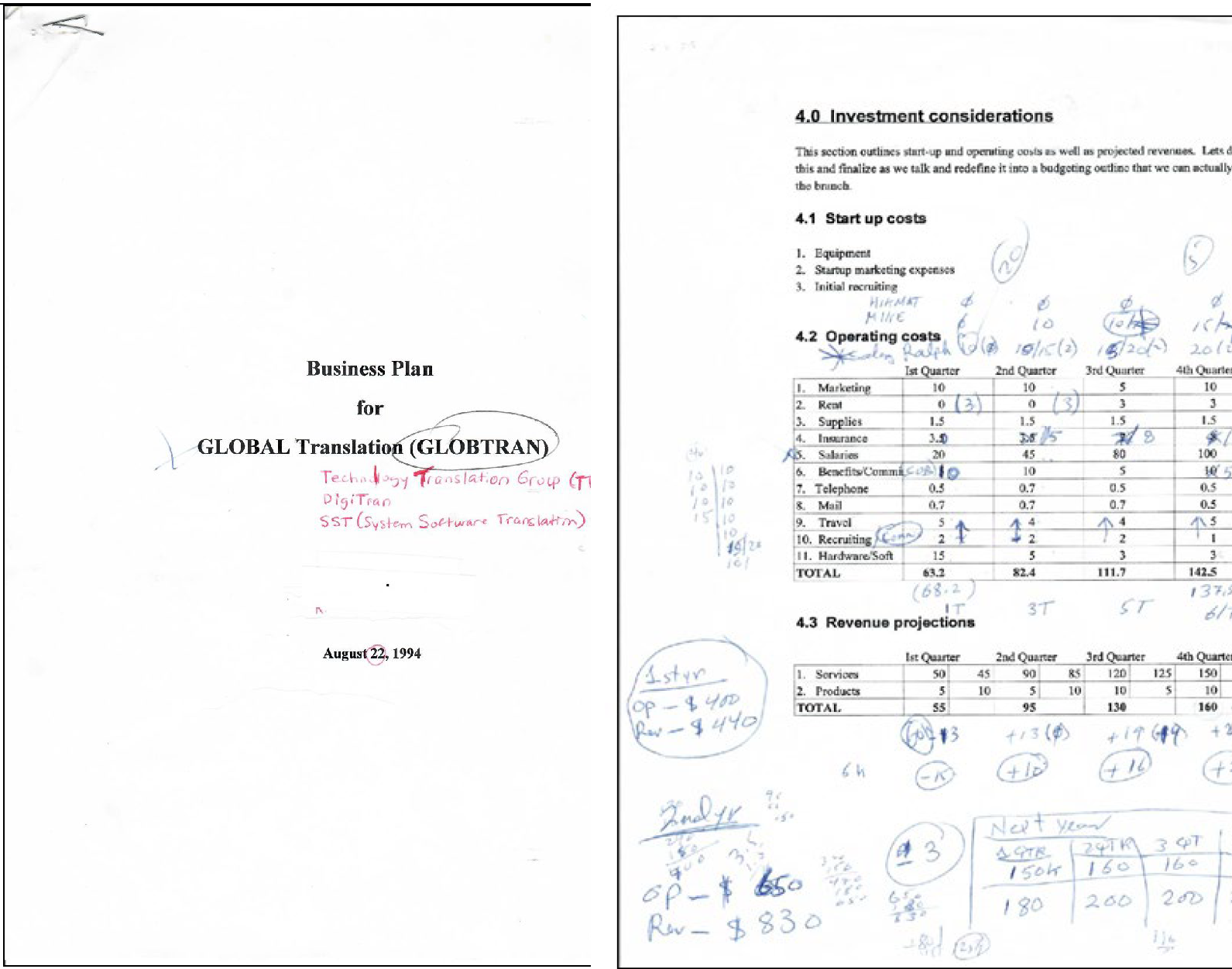 Image of Interpro’s Original Business Plan for Translation Services in 1995