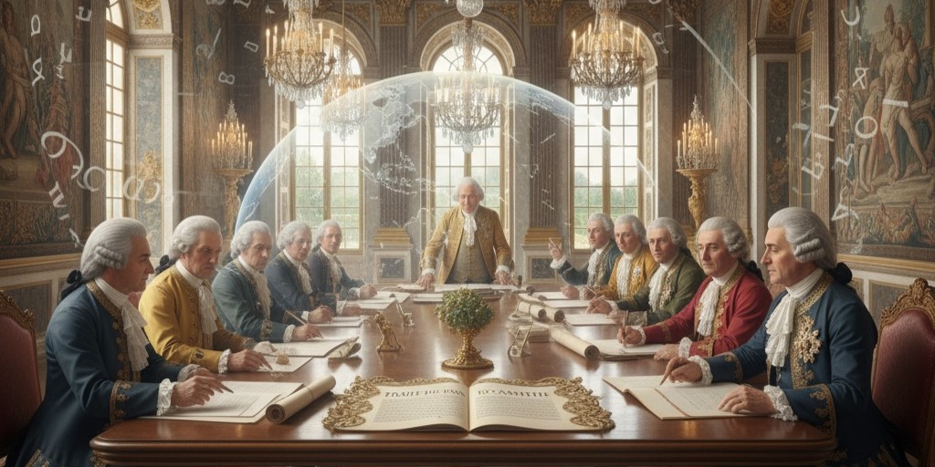 An elegant, historically inspired composition illustrating the evolution of global diplomacy through language. This image is a ghosted overlay transitions into a grand 18th-century diplomatic hall at Versailles — chandeliers, long table, diplomats in powdered wigs signing treaties in French.