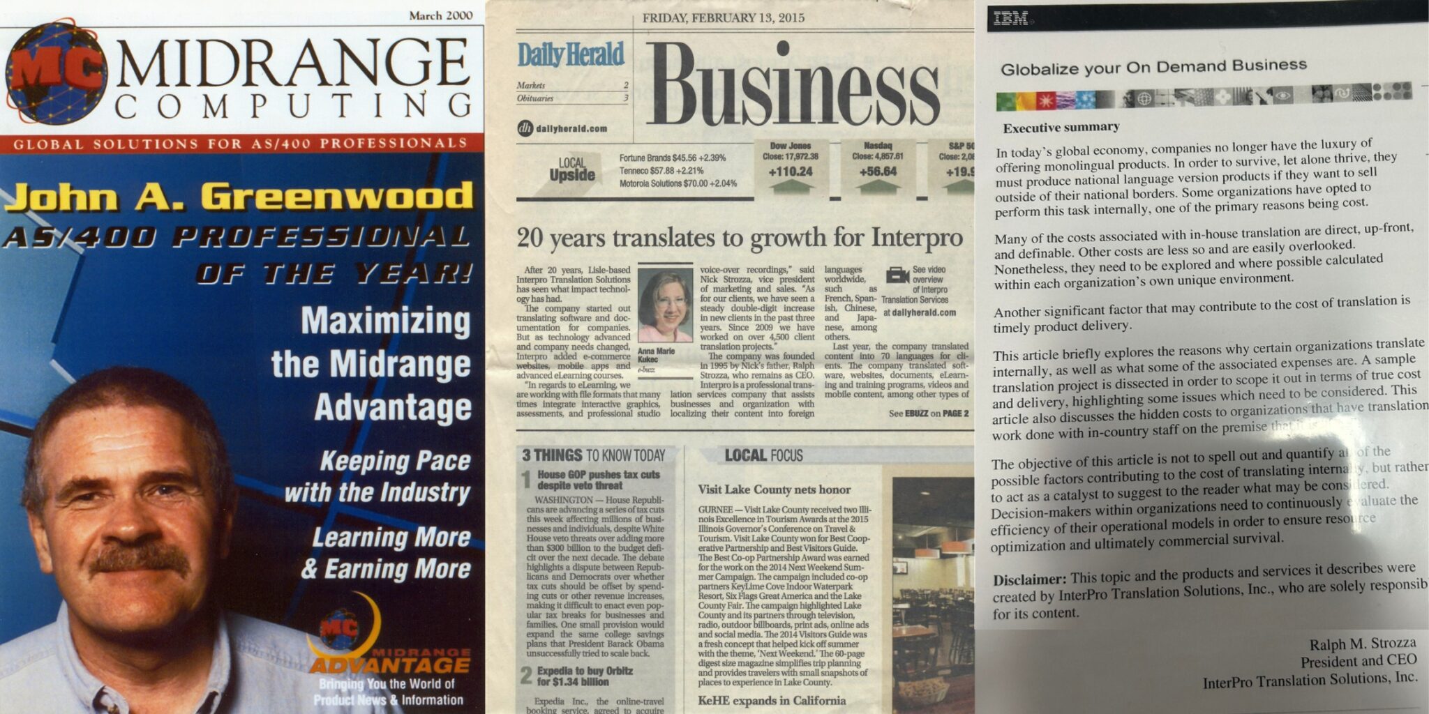 A Collage featuring John Greenwood on a magazine cover, a newspaper article about Interpro’s growth, and a business document highlighting translation services.