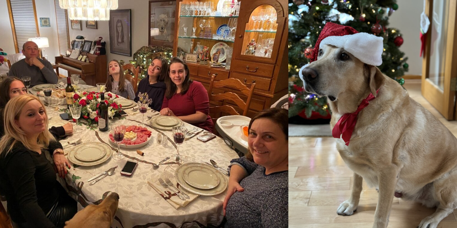 Ralph's family dinner on the left; Ralph's dog in a santa hat on the right