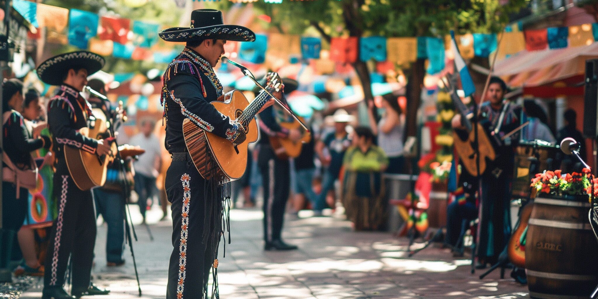 Mariachi band performing at an outdoor Cinco de Mayo celebration with colorful papel picado banners overhead.