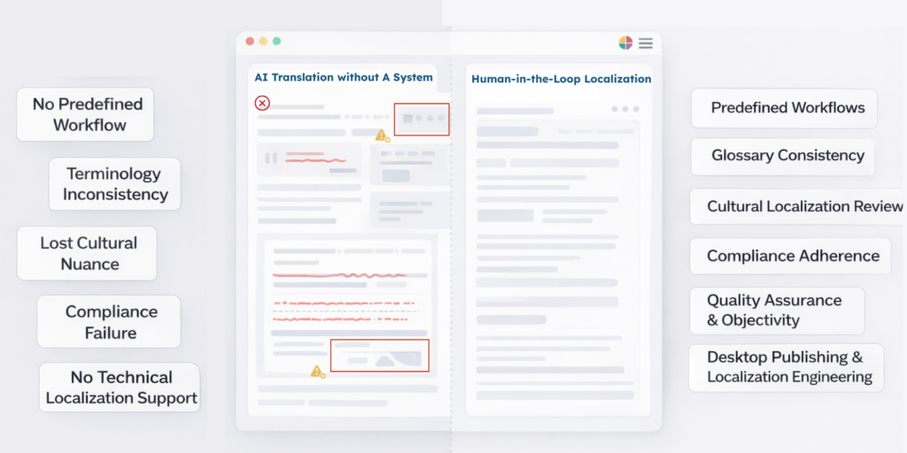 AI translation without system vs human in the loop localization workflow comparison