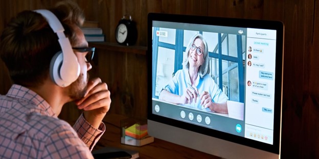human vs AI translation for eLearning workflow with video call and headphones
