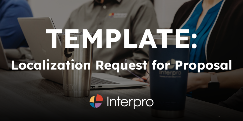 A graphic of an Interpro employee wearing a collared shirt at a desk with text that says "Download the Toolkit: Translation & Localization RFP Toolkit"