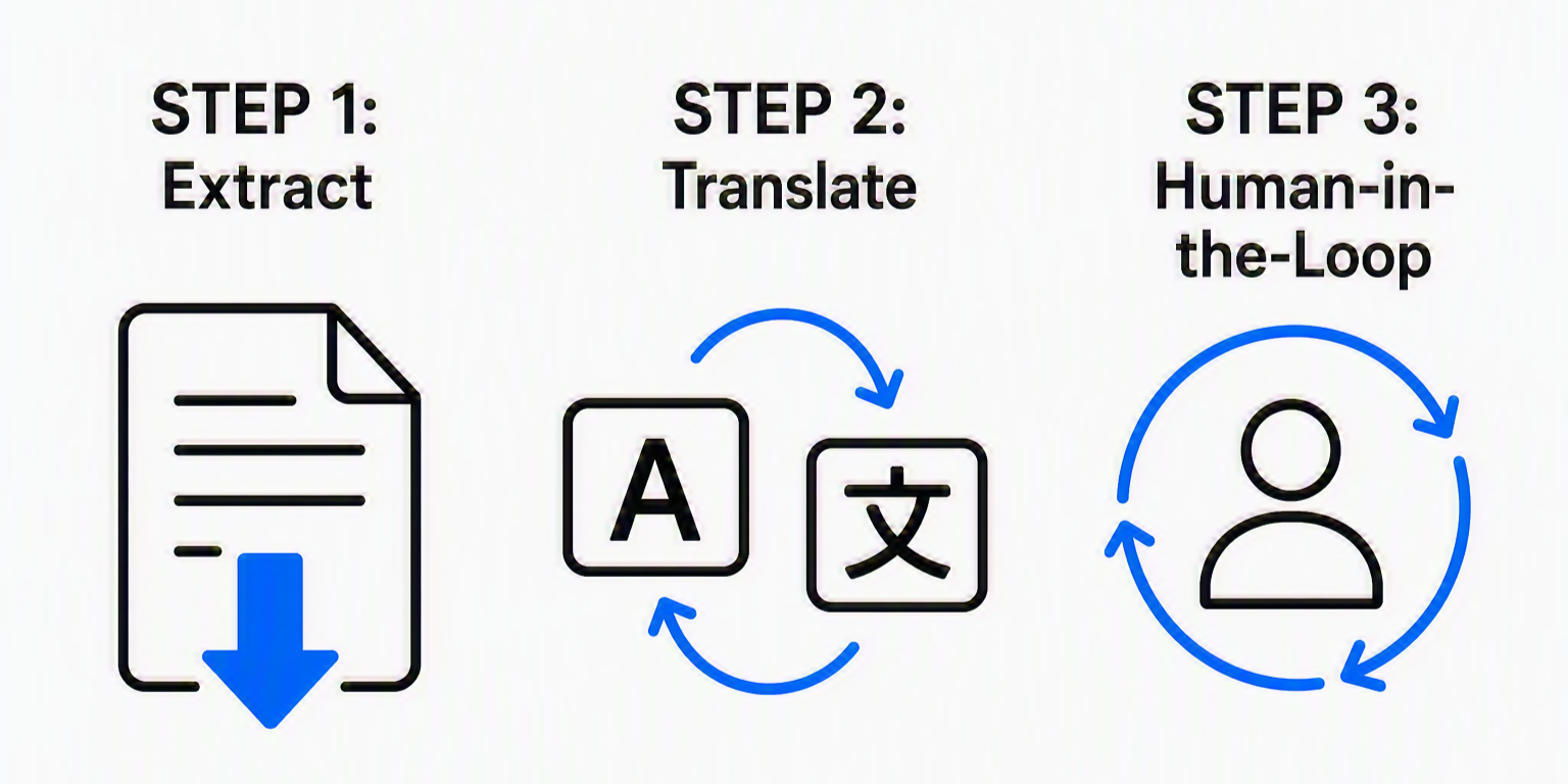 Three-step localization workflow showing Extract, Translate, and Human-in-the-Loop review.